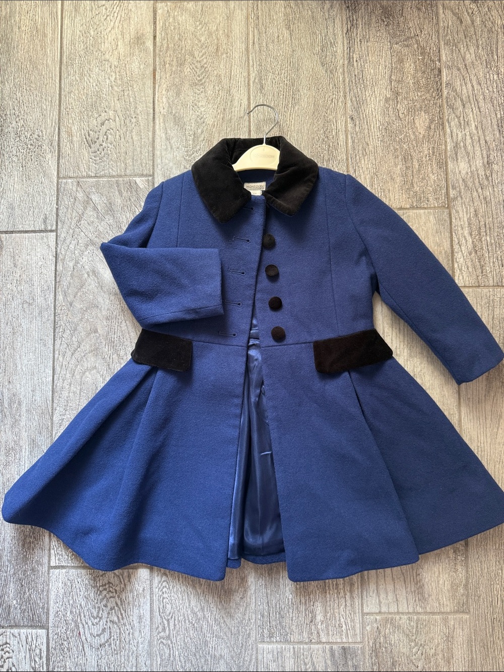 EUC- Monsoon Girls' Navy Blue Fit-and-Flare Coat with Black Velvet Trim